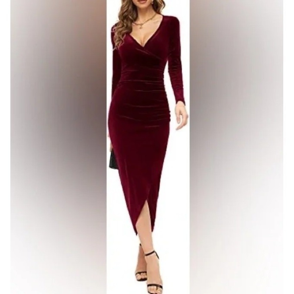 Velvet Wrap Long Sleeve Surplice Side Ruched‎ Dress Prom Dark Romance Goth M